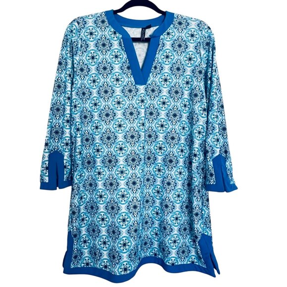 Aqua Et Sol Tunic Swim Cover Up Womens Medium Blue Tile Print UPF 50 Beach Pool - Picture 1 of 9
